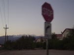 A blurry stop sign leaving Jack's house.