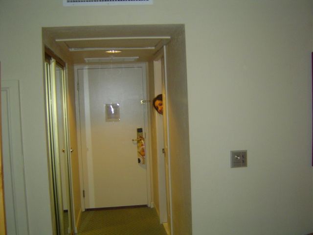 Nicole trying to hide after using the loo.